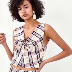 EUC Womens ZARA TRF COLLECTION plaid tie front sleeveless‎ cropped blouse size M